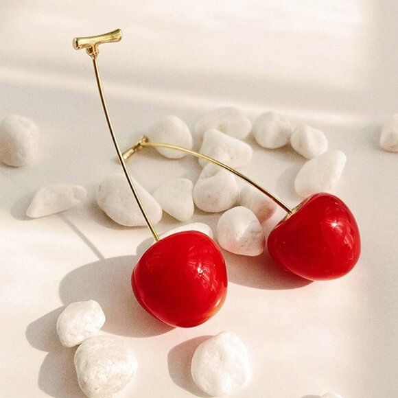 Women's Red Acrylic Cute Shine Cherry Dangle Drop Tassel Charm Earrings - Picture 5 of 7